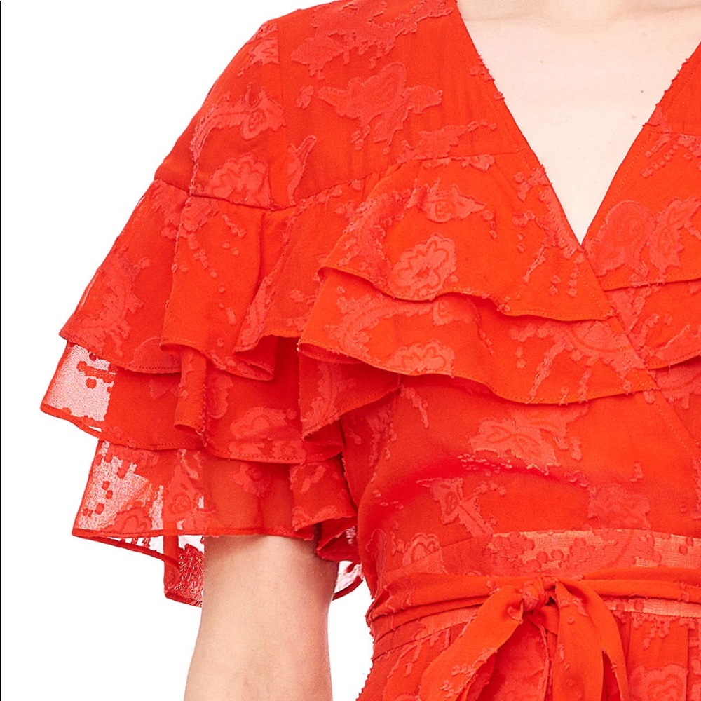 REBECCA TAYLOR Orange Red Ruffle Clipdot Silk Blend Fall Dress 2 Tie Waist Twee - Picture 5 of 7
